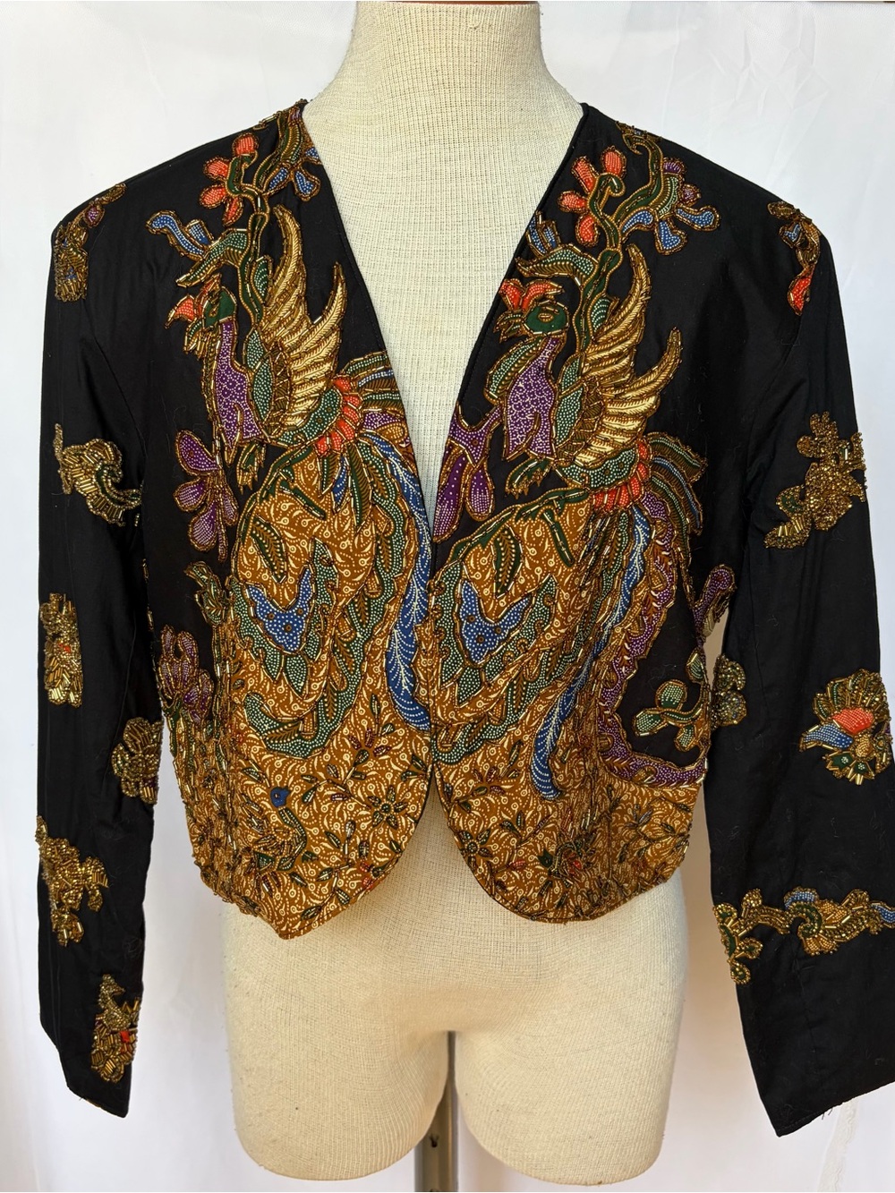 Vintage Beaded Phoenix Jacket | Black Cotton Evening Bolero | 80s 90s Artwear